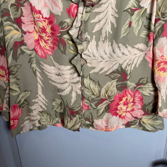 VTG Fairy Coquette 100% Silk Ruffle Blouse Size S P Sage Green Romantic Floral - Picture 4 of 16